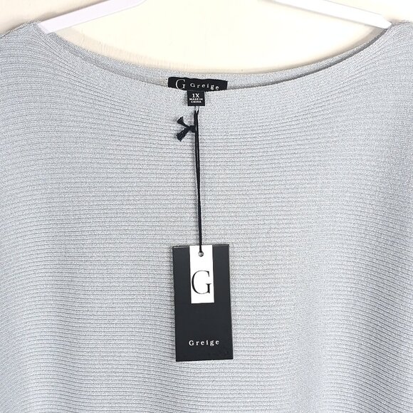 Greige Pullover Sweater Womens 1X Silver Metallic Dolman Sleeve Ribbed Lagenlook - Picture 2 of 6